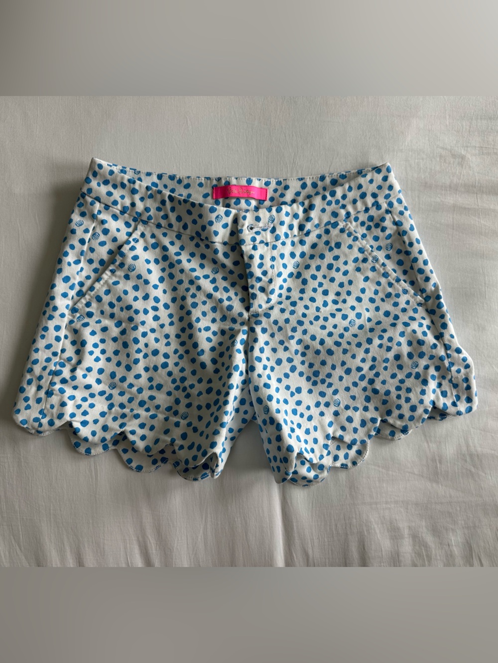 Lilly Pulitzer White Shorts with Blue Dot Print and Scalloped Hem